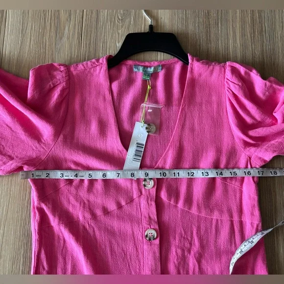 Good Luck Gem Dress Mini Pink Linen Button Flutter Sleeve Womens S Boho NWT - Picture 8 of 11